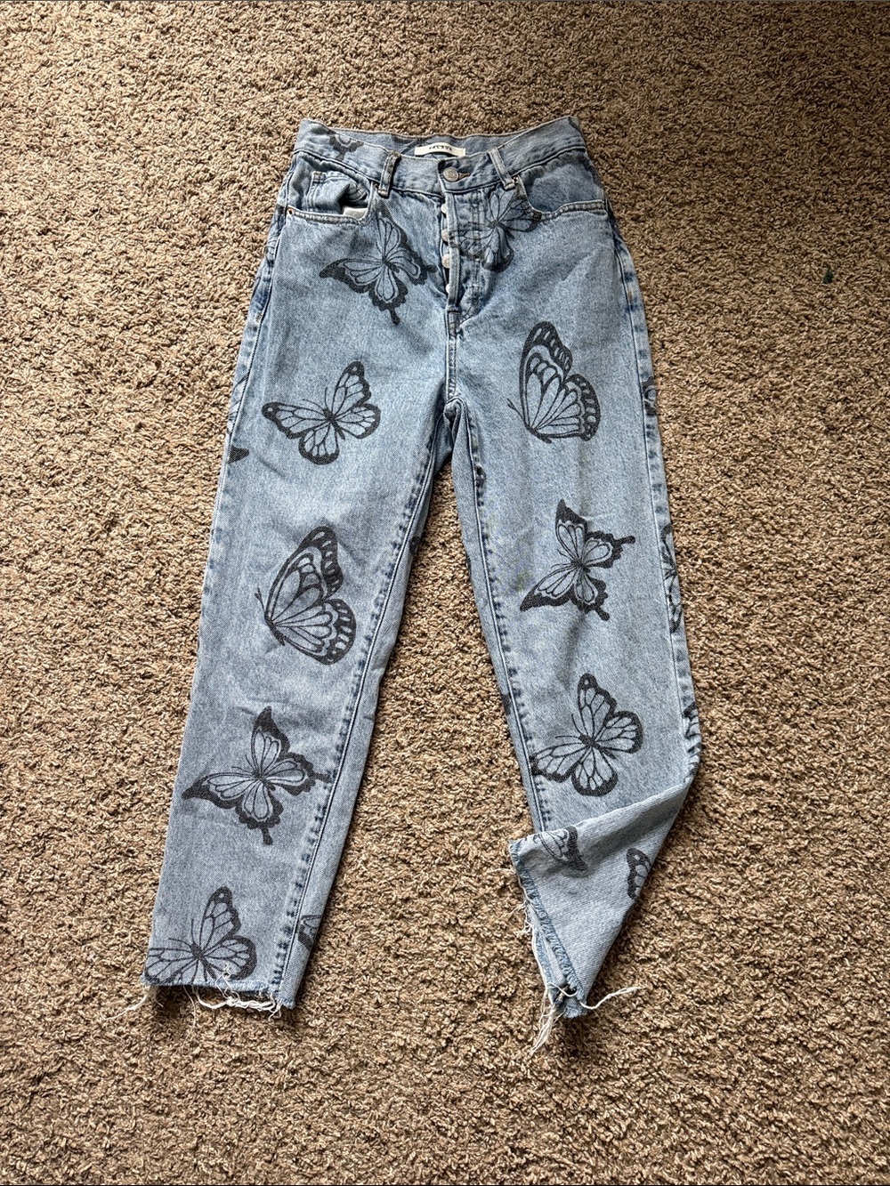 PacSun High Rise Light Blue Straight Leg Jeans with Black Butterfly Print